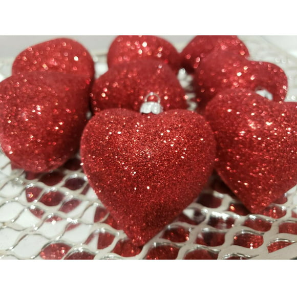 8 Valentines Day Glitter Shiny Red Hearts 2.5" Ornaments Decorations Decor